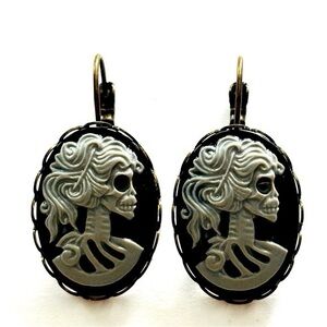 Black and Grey Skeleton Lady Profile Cameo French Lever Earrings NWT